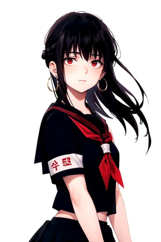 masterpiece, best quality, 
,//Character, 1girl, solo
,//Fashion, 
,//Background, white_background
,//Others, 
,AgakuraMajiri, 1girl, solo, long hair, black hair, red eyes, hoop earrings, black serafuku, sailor collar, black shirt, red neckerchief, armband, pleated skirt, black skirt