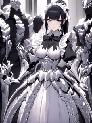 //Quality,
masterpiece, best quality, detailed
,//Character,
1girl, solo
,//Fashion,
,//Background,
,//Others,
,narberal gamma \(overlord\), 1girl, long hair, black hair, glay eyes, bangs, ponytail, medium breats, ribbon, bow, maid, dress, armor, gloves