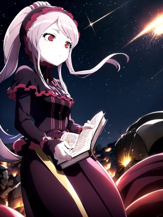 //Quality,
(masterpiece), (best quality), 8k illustration
,//Character,
1girl, solo
,//Fashion,
,//Background,
night sky, meteor
,//Others,
superpower, book, float, feel astonished,shalltear bloodfallen,so-bin