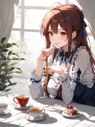 masterpiece, best quality, highres
,//Character, 
1girl, solo
,//Fashion, 
,//Background, white background
,//Others, ,Expressiveh, 
,AobaTsukuyo,
A girl having a tea party with her shadow, which has come to life and is pouring tea from a ray of sunlight.