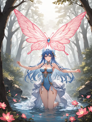 masterpiece, best quality, highres
,//Character, 
1girl, solo
,//Fashion, 
,//Background, white background
,//Others, ,Expressiveh, 
,AobaTsukuyo,
The same girl kneeling by a sparkling stream in the forest. She's reaching out to touch a glowing, fairy-like creature hovering above the water. The creature emits a soft blue light. The girl's expression is one of wonder and curiosity.