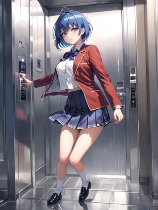 //Quality,
masterpiece, best quality, detailed
,//Character,
, IbukiMio, 1girl, solo, breasts, short hair, bangs, blue eyes, blue hair, purple eyes, ahoge, shiny hair
,//Fashion,
school uniform, red jacket, open clothes, blue bow, collared shirt, pleated skirt, black footwear, white socks
,//Background,
Elevator, closed room, sweaty summer, kicking the door
,//Others,
