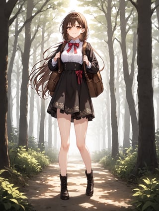 masterpiece, best quality, highres
,//Character, 
1girl, solo
,//Fashion, 
,//Background, white background
,//Others, ,Expressiveh, 
,AobaTsukuyo,
A young girl with long brown hair and bright eyes, standing at the edge of a magical forest. She's wearing a simple dress and holding a small backpack. Sunlight filters through the trees, creating a mystical atmosphere. The girl looks excited and slightly nervous.