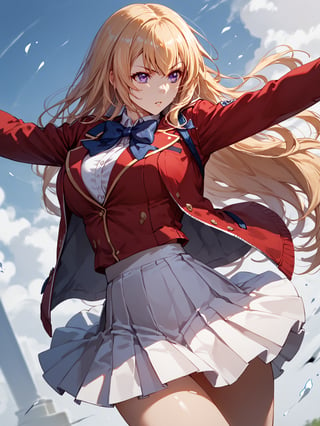 score_9,score_8_up,score_7_up,score_6_up, masterpiece, best quality, 8k, 8k UHD, ultra-high resolution, ultra-high definition, highres
,//Character, 
1girl, solo,ichinose honami, blonde hair, long hair, purple eyes
,//Fashion, 
school uniform, red jacket, blue bow, white skirt, pleated skirt
,//Background, white_background
,//Others, ,Expressiveh,
fighting stance, dynamic pose