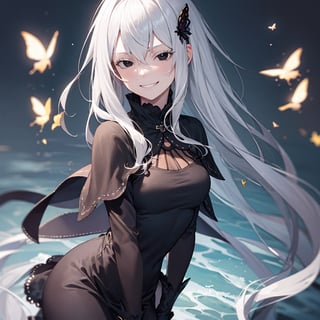 1 Girl, special ability, night, starry sky, shadow, detailed background, echidna, colored eyelashes, white hair, hair between eyes, long hair, straight hair, (black eyes:1.5),BREAK black capelet, black dress, butterfly hair ornament, capelet, dress, hair ornament, IncrsAnyasHehFaceMeme,grin