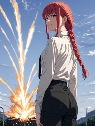 score_9,score_8_up,score_7_up,score_6_up, masterpiece, best quality, 8k, 8k UHD, ultra-high resolution, ultra-high definition, highres
,//Character, 
1girl, solo,makima_v1, red hair, ringed eyes, braided ponytail
,//Fashion, 
black necktie, shirt, collared shirt, black_pants
,//Background, white_background
,//Others, ,Expressiveh,ArtoriaPendragon, explosion, back view, looking at viewer, looking back, fang