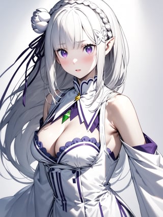 //Character, solo,emilia \(re_zero\), 1girl, long hair, white hair, purple eyes crown braid, pointy ears, 
//Fashion, white dress, hair ornament, hair ribbon, purple ribbon, bare shoulders, cleavage, white footwear,
//Background, simple background, 
//Quality, (masterpiece), best quality, ultra-high resolution, ultra-high definition, highres, intricate, intricate details, absurdres, highly detailed, finely detailed, ultra-detailed, ultra-high texture quality, natural lighting, natural shadow, dramatic shading, dramatic lighting, vivid colour, perfect anatomy, 
//Others, 