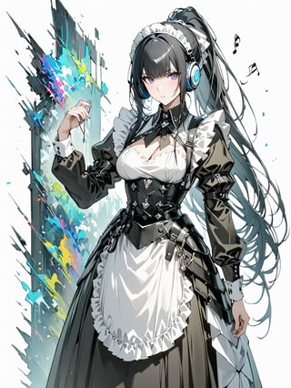 score_9,score_8_up,score_7_up,score_6_up, masterpiece, best quality, highres
,//Character, 
1girl, solo,narberal gamma \(overlord\), long hair, black hair, glay eyes, bangs, ponytail, medium breats
,//Fashion, 
maid
,//Background, 
,//Others, ,Expressiveh, 
A girl wearing headphones, with music notes visibly flowing out and transforming the world around her into colorful, abstract shapes.