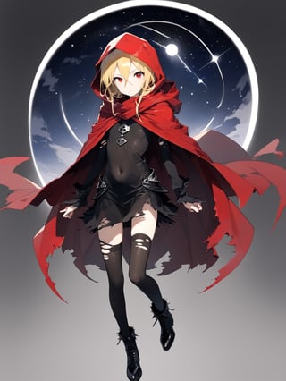 //Quality,
masterpiece, best quality, detailed
,//Character,
,Evileye \(overlord\), 1girl, solo, blonde hair, red eyes, hair between eyes, small breasts
,//Fashion,
hood, black dress, torn clothes, covered navel, red cloak, hooded cloak, black thighhighs, torn thighhighs, boots, black footwear
,//Background,
night_sky, starry_sky
,//Others,
hood down, arms at sides