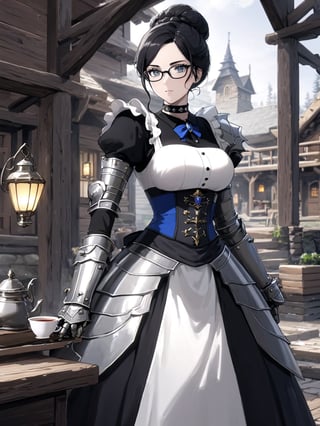 //Quality,
masterpiece, best quality, detailed
,//Character,
solo,
,//Fashion,
,//Background,
log house, pouring tea
,//Others,
,Yuri Alpha \(overlord\), 1girl, grey eyes, glasses, black hair, hair bun, breasts, dress, broach, choker, maid, armor, gauntlets, corset