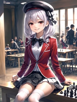 //Quality,
masterpiece, best quality, detailed
,//Character,
solo,SakayanagiArisu, 1girl, medium_hair, shiny_hair
,//Fashion,
school_uniform, red_jacket, bowtie, hair_ribbon, black_hat, white_shirt, pleated_skirt, white_skirt, white_thighhighs, garter_straps
,//Background,
indoors, 
,//Others,
playing chess, sitting, smile