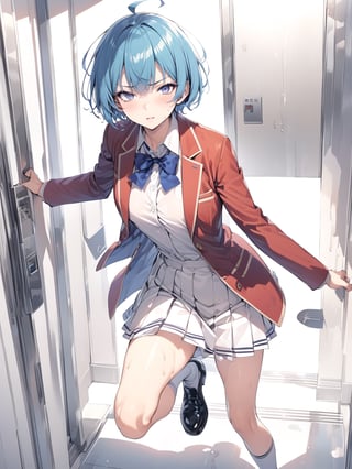 //Quality,
masterpiece, best quality, detailed
,//Character,
, IbukiMio, 1girl, solo, breasts, short hair, bangs, blue eyes, blue hair, purple eyes, ahoge, shiny hair
,//Fashion,
school uniform, red jacket, open clothes, blue bow, collared shirt, pleated skirt, black footwear, white socks
,//Background,
Elevator, closed room, sweaty summer, kicking the door
,//Others,
