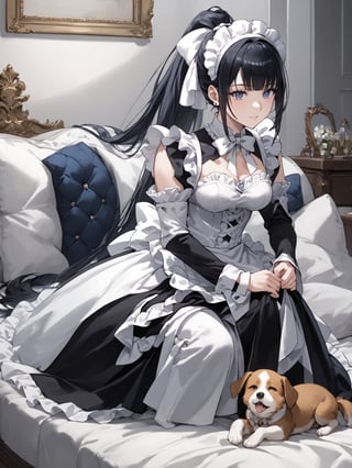 score_9,score_8_up,score_7_up,score_6_up, masterpiece, best quality, highres
,//Character, 
1girl,narberal gamma \(overlord\), long hair, black hair, glay eyes, bangs, ponytail, medium breats
,//Fashion, 
maid
,//Background, 
,//Others, ,Expressiveh, 
A sleepy girl cuddling with a large, gentle dog on a cozy couch, both wrapped in a soft blanket.