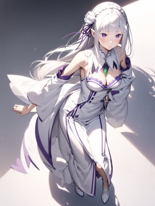 //Character, solo,emilia \(re_zero\), 1girl, long hair, white hair, purple eyes crown braid, pointy ears, 
//Fashion, white dress, hair ornament, hair ribbon, purple ribbon, bare shoulders, cleavage, white footwear,
//Background, simple background, 
//Quality, (masterpiece), best quality, ultra-high resolution, ultra-high definition, highres, intricate, intricate details, absurdres, highly detailed, finely detailed, ultra-detailed, ultra-high texture quality, natural lighting, natural shadow, dramatic shading, dramatic lighting, vivid colour, perfect anatomy, 
//Others, 