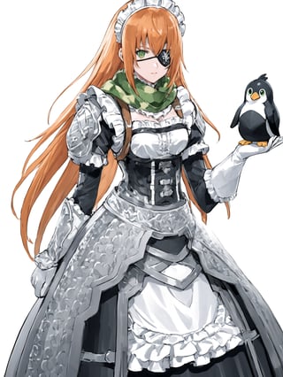 score_9,score_8_up,score_7_up,score_6_up, masterpiece, best quality
,//Character, 
1girl, solo,cz2128_delta \(overlord\), long hair, green eyes, orange hair, eyepatch
,//Fashion, 
maid, maid headdress, camouflage, green scarf, gloves, dress, armor
,//Background, white_background
,//Others,
(holding large Stuffed Penguin:1.3)