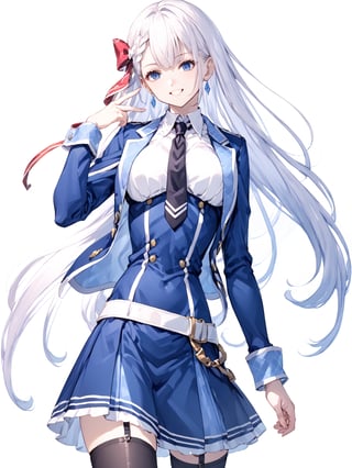 score_9,score_8_up,score_7_up,score_6_up, masterpiece, best quality
,//Character, 
1girl, solo,RiseliaRayCrystalia, very long hair, white hair, braid, blue eyes, medium breasts
,//Fashion, 
earrings, hair bow, long sleeves, white shirt, collared shirt, black necktie, blue jacket, blue skirt, pleated skirt, black thighhighs, belt
,//Background, white_background
,//Others,
making a V sign, smile