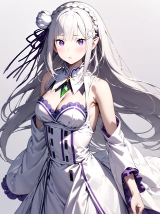 //Character, solo,emilia \(re_zero\), 1girl, long hair, white hair, purple eyes crown braid, pointy ears, 
//Fashion, white dress, hair ornament, hair ribbon, purple ribbon, bare shoulders, cleavage, white footwear,
//Background, simple background, 
//Quality, (masterpiece), best quality, ultra-high resolution, ultra-high definition, highres, intricate, intricate details, absurdres, highly detailed, finely detailed, ultra-detailed, ultra-high texture quality, natural lighting, natural shadow, dramatic shading, dramatic lighting, vivid colour, perfect anatomy, 
//Others, 