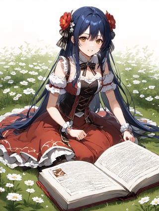 masterpiece, best quality, highres
,//Character, 
1girl, solo
,//Fashion, 
,//Background, white background
,//Others, ,Expressiveh, 
,AobaTsukuyo,
A tiny girl sitting on a massive book, using a blade of grass as a slide to reach the ground filled with oversized flowers.