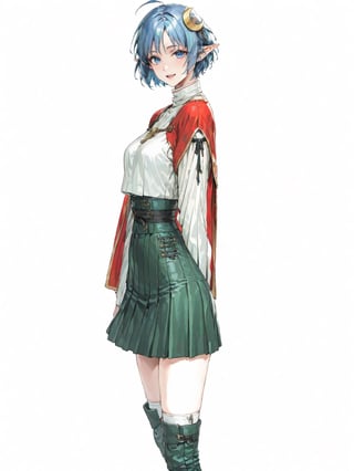 //Quality, masterpiece, best quality, detailmaster2, 8k, 8k UHD, ultra detailed, ultra-high resolution, ultra-high definition, highres, 
//Character, 1girl, solo, blue eyes, short hair, blue hair, pointy ears, ahoge,
//Fashion, red cape, skirt, thighhighs, crescent hair ornament,
//Background, white background, 
//Others, looking at viewer, smile, from_side