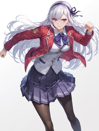 score_9,score_8_up,score_7_up,score_6_up, masterpiece, best quality, 8k, 8k UHD, ultra-high resolution, ultra-high definition, highres
,//Character, 
1girl, solo, long hair, white hair, purple eyes
,//Fashion, 
school uniform, red jacket, pantyhose, pleated skirt, hairband
,//Background, white_background
,//Others, ,Expressiveh,
fighting stance, dynamic pose