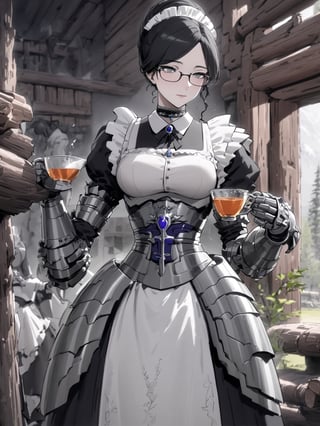 //Quality,
masterpiece, best quality, detailed
,//Character,
,Yuri Alpha \(overlord\), 1girl, solo, grey eyes, glasses, black hair, hair bun, breasts
,//Fashion,
dress, broach, choker, maid, armor, gauntlets, corset
,//Background,
log house, pouring tea
,//Others,
