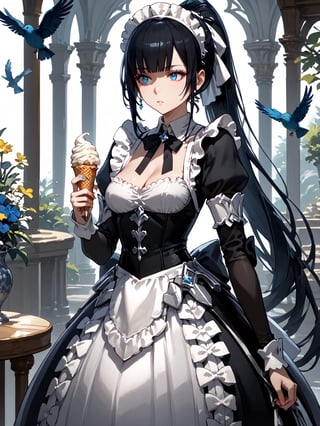 score_9,score_8_up,score_7_up,score_6_up, masterpiece, best quality, highres
,//Character, 
1girl,narberal gamma \(overlord\), long hair, black hair, glay eyes, bangs, ponytail, medium breats
,//Fashion, 
maid
,//Background, 
,//Others, ,Expressiveh, 
A girl sharing her ice cream cone with a tiny bird perched on her finger, both looking curious and content.