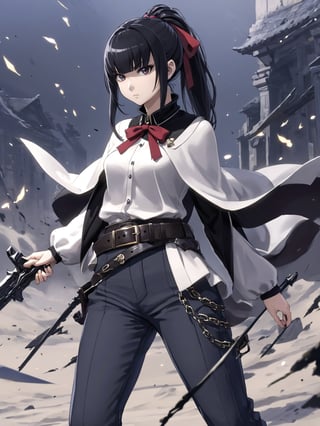 //Quality,
masterpiece, best quality, detailed
,//Character,
1girl, solo
,//Fashion,
,//Background,
,//Others,
,narberal gamma \(overlord\), 1girl, long hair, black hair, glay eyes, bangs, ponytail, medium breats, hair ribbon, long sleeves, capelet, belt, pants, weapon