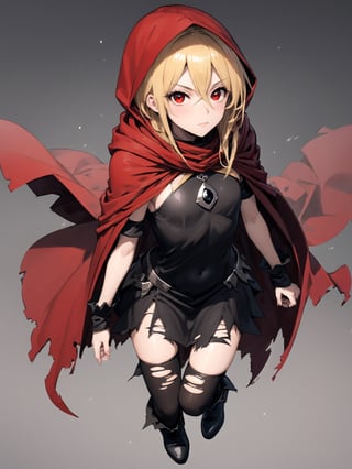 //Quality,
masterpiece, best quality, detailed
,//Character,
,Evileye \(overlord\), 1girl, solo, blonde hair, red eyes, hair between eyes, small breasts
,//Fashion,
hood, black dress, torn clothes, covered navel, red cloak, hooded cloak, black thighhighs, torn thighhighs, boots, black footwear
,//Background,
night_sky, starry_sky
,//Others,
hood down, arms at sides