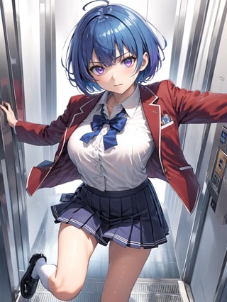 //Quality,
masterpiece, best quality, detailed
,//Character,
, IbukiMio, 1girl, solo, breasts, short hair, bangs, blue eyes, blue hair, purple eyes, ahoge, shiny hair
,//Fashion,
school uniform, red jacket, open clothes, blue bow, collared shirt, pleated skirt, black footwear, white socks
,//Background,
Elevator, closed room, sweaty summer, kicking the door
,//Others,
