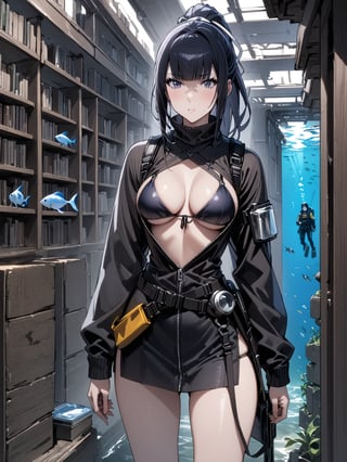 score_9,score_8_up,score_7_up,score_6_up, masterpiece, best quality, highres
,//Character, 
1girl, solo,narberal gamma \(overlord\), long hair, black hair, glay eyes, bangs, ponytail, medium breats
,//Fashion, 
bikini
,//Background, 
,//Others, ,Expressiveh, 
A girl in scuba gear exploring an underwater library, with fish swimming between bookshelves and seaweed growing from old tomes.