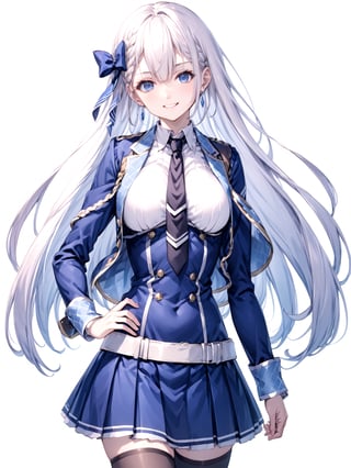 score_9,score_8_up,score_7_up,score_6_up, masterpiece, best quality
,//Character, 
1girl, solo,RiseliaRayCrystalia, very long hair, white hair, braid, blue eyes, medium breasts
,//Fashion, 
earrings, hair bow, long sleeves, white shirt, collared shirt, black necktie, blue jacket, blue skirt, pleated skirt, black thighhighs, belt
,//Background, white_background
,//Others,
v, smile