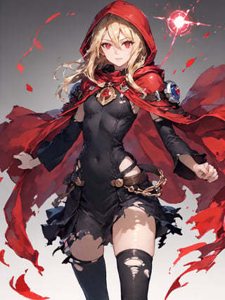 score_9,score_8_up,score_7_up,score_6_up, masterpiece, best quality, 8k, 8k UHD, ultra-high resolution, ultra-high definition, highres
,//Character, 
1girl, solo,Evileye \(overlord\), blonde hair, red eyes, hair between eyes, small breasts
,//Fashion, 
hood, black dress, torn clothes, covered navel, red cloak, hooded cloak, black thighhighs, torn thighhighs, 
hood up
,//Background, white_background
,//Others, ,Expressiveh,
dynamic pose, energy ball charging