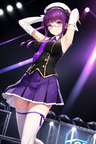 (best quality),(masterpiece),(ultra detailed),(highres),production art,solo,1girl, solo, hat, glasses, necktie, armpits, thighhighs, purple hair, smile, green-framed eyewear, looking at viewer, skirt, purple eyes, arms behind head, medium breasts, gloves, arms up, idol, breasts, bangs, stage, black thighhighs, semi-rimless eyewear, white headwear, zettai ryouiki, elbow gloves, sleeveless, stage lights, under-rim eyewear, beret, detached sleeves, standing, white skirt, shirt, ,so-bin