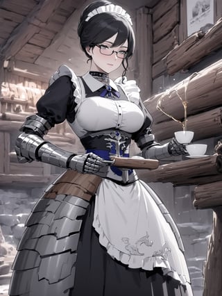 //Quality,
masterpiece, best quality, detailed
,//Character,
,Yuri Alpha \(overlord\), 1girl, solo, grey eyes, glasses, black hair, hair bun, breasts
,//Fashion,
dress, broach, choker, maid, armor, gauntlets, corset
,//Background,
log house, pouring tea
,//Others,
