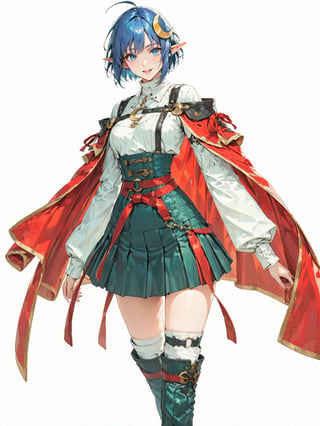 //Quality, masterpiece, best quality, detailmaster2, 8k, 8k UHD, ultra detailed, ultra-high resolution, ultra-high definition, highres, 
//Character, 1girl, solo, blue eyes, short hair, blue hair, pointy ears, ahoge,
//Fashion, red cape, skirt, thighhighs, crescent hair ornament,
//Background, white background, 
//Others, looking at viewer, smile, 