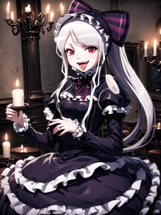 //Quality,
masterpiece, best quality, detailed
,//Character,
1girl, solo,shalltear bloodfallen \(overlord\), red eyes, long hair, white hair, bangs, ponytail
,//Fashion,
gothic lolita, striped bow, frilled dress, long sleeves
,//Background,
night, candle lit room
,//Others,
open mouth, tongue, fangs, smile, ridicule