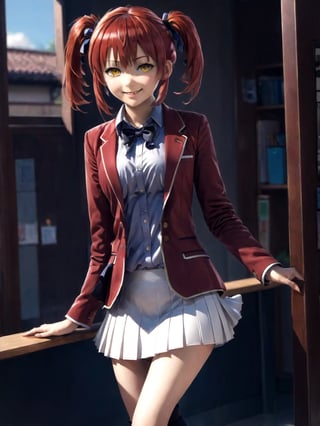 //Quality,
masterpiece, best quality, detailed
,//Character,
1girl, solo,AmasawaIchika, yellow eyes, red hair, twintails, medium breasts, bangs, hair between eyes, shiny hair, 
,//Fashion,
school uniform, red jacket, blazer, open jacket, long sleeves, open clothes, collared shirt, brown shirt, blue bowtie, hair ribbon, red ribbon, pleated skirt, white skirt, miniskirt, black footwear, black socks, loafers
,//Background,
,//Others,
standing, full body, closed mouth, smile, hand up, AmasawaIchika