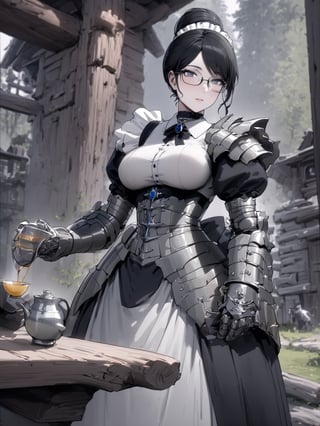 //Quality,
masterpiece, best quality, detailed
,//Character,
,Yuri Alpha \(overlord\), 1girl, solo, grey eyes, glasses, black hair, hair bun, breasts
,//Fashion,
dress, broach, choker, maid, armor, gauntlets, corset
,//Background,
log house, pouring tea
,//Others,
