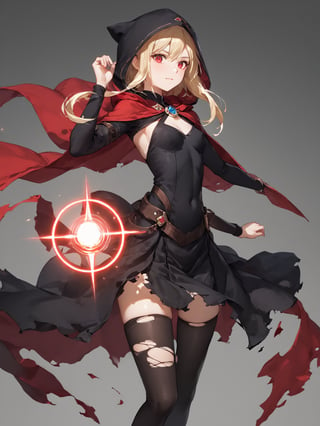 score_9,score_8_up,score_7_up,score_6_up, masterpiece, best quality, 8k, 8k UHD, ultra-high resolution, ultra-high definition, highres
,//Character, 
1girl, solo,Evileye \(overlord\), blonde hair, red eyes, hair between eyes, small breasts
,//Fashion, 
hood, black dress, torn clothes, covered navel, red cloak, hooded cloak, black thighhighs, torn thighhighs, 
hood up
,//Background, white_background
,//Others, ,Expressiveh,2b-Eimi, 
dynamic pose, energy ball charging