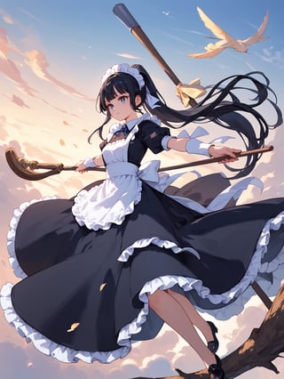 score_9,score_8_up,score_7_up,score_6_up, masterpiece, best quality, highres
,//Character, 
1girl,narberal gamma \(overlord\), long hair, black hair, glay eyes, bangs, ponytail, medium breats
,//Fashion, 
maid
,//Background, 
,//Others, ,Expressiveh, 
A girl riding a giant pencil like a witch's broomstick, soaring through a sky filled with floating mathematical equations.