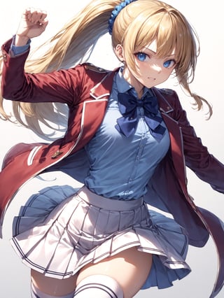 score_9,score_8_up,score_7_up,score_6_up, masterpiece, best quality, 8k, 8k UHD, ultra-high resolution, ultra-high definition, highres
,//Character, 
1girl, solo,KaruizawaKei, blue eyes, blonde hair, ponytail, bangs, breasts, hair ornament
,//Fashion, 
school uniform, red jacket, open jacket, hair scrunchie, bowtie, white skirt, pleated skirt, kneehighs
,//Background, white_background
,//Others, ,Expressiveh,
fighting stance, dynamic pose