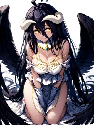 score_9,score_8_up,score_7_up,score_6_up, masterpiece, best quality
,//Character, 
1girl, solo,albedo \(overlord\), long hair, black hair, hair between eyes, yellow eyes, horns, ahoge, black wings, feathered wings, low wings
,//Fashion, 
white gloves, white dress, bare shoulders, detached collar, cleavage, slit pupils
,//Background, white_background
,//Others,
kneeling, tearful