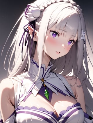 //Character, solo,emilia \(re_zero\), 1girl, long hair, white hair, purple eyes crown braid, pointy ears, 
//Fashion, white dress, hair ornament, hair ribbon, purple ribbon, bare shoulders, cleavage, white footwear,
//Background, simple background, 
//Quality, (masterpiece), best quality, ultra-high resolution, ultra-high definition, highres, intricate, intricate details, absurdres, highly detailed, finely detailed, ultra-detailed, ultra-high texture quality, natural lighting, natural shadow, dramatic shading, dramatic lighting, vivid colour, perfect anatomy, 
//Others, 