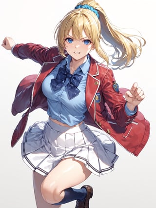 score_9,score_8_up,score_7_up,score_6_up, masterpiece, best quality, 8k, 8k UHD, ultra-high resolution, ultra-high definition, highres
,//Character, 
1girl, solo,KaruizawaKei, blue eyes, blonde hair, ponytail, bangs, breasts, hair ornament
,//Fashion, 
school uniform, red jacket, open jacket, hair scrunchie, bowtie, white skirt, pleated skirt, kneehighs
,//Background, white_background
,//Others, ,Expressiveh,
fighting stance, dynamic pose