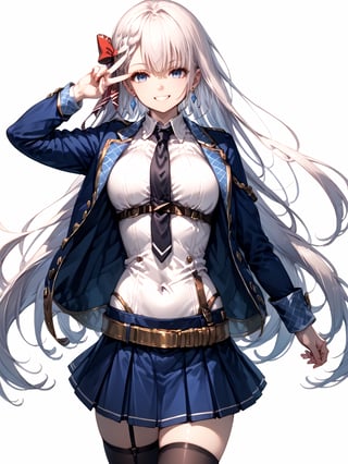 score_9,score_8_up,score_7_up,score_6_up, masterpiece, best quality
,//Character, 
1girl, solo,RiseliaRayCrystalia, very long hair, white hair, braid, blue eyes, medium breasts
,//Fashion, 
earrings, red hair bow, long sleeves, white shirt, collared shirt, black necktie, blue jacket, blue skirt, pleated skirt, black thighhighs, belt
,//Background, white_background
,//Others,
(making a V sign), smile