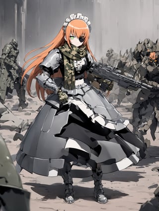 //Quality,
masterpiece, best quality, detailed
,//Character,
,cz2128_delta \(overlord\), 1girl, solo, long hair, green eyes, orange hair, eyepatch, cross pupils, expressionless
,//Fashion,
maid, maid headdress, camouflage, green scarf, gloves, dress, boots, armor
,//Background,
battle ground
,//Others,
holding gun