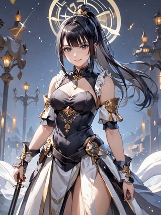 score_9,score_8_up,score_7_up,score_6_up, masterpiece, best quality, highres
,//Character, 
1girl,narberal gamma \(overlord\), long hair, black hair, glay eyes, bangs, ponytail, medium breats
,//Fashion, 

,//Background, 
,//Others, ,Expressiveh, 
The girl standing triumphantly atop a hill, silhouetted against a beautiful sunset. She's holding a magical artifact that glows with rainbow colors. Her posture is confident, and a smile of accomplishment lights up her face. Fireflies dance around her, adding a magical touch to the scene.