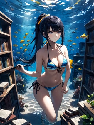 score_9,score_8_up,score_7_up,score_6_up, masterpiece, best quality, highres
,//Character, 
1girl, solo,narberal gamma \(overlord\), long hair, black hair, glay eyes, bangs, ponytail, medium breats
,//Fashion, 
bikini
,//Background, 
,//Others, ,Expressiveh, 
A girl in scuba gear exploring an underwater library, with fish swimming between bookshelves and seaweed growing from old tomes.