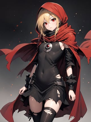//Quality,
masterpiece, best quality, detailed
,//Character,
,Evileye \(overlord\), 1girl, solo, blonde hair, red eyes, hair between eyes, small breasts
,//Fashion,
hood, black dress, torn clothes, covered navel, red cloak, hooded cloak, black thighhighs, torn thighhighs, boots, black footwear
,//Background,
night_sky, starry_sky
,//Others,
(hood down), arms at sides
