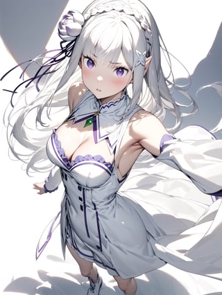 //Character, solo,emilia \(re_zero\), 1girl, long hair, white hair, purple eyes crown braid, pointy ears, 
//Fashion, white dress, hair ornament, hair ribbon, purple ribbon, bare shoulders, cleavage, white footwear,
//Background, simple background, 
//Quality, (masterpiece), best quality, ultra-high resolution, ultra-high definition, highres, intricate, intricate details, absurdres, highly detailed, finely detailed, ultra-detailed, ultra-high texture quality, natural lighting, natural shadow, dramatic shading, dramatic lighting, vivid colour, perfect anatomy, 
//Others, 